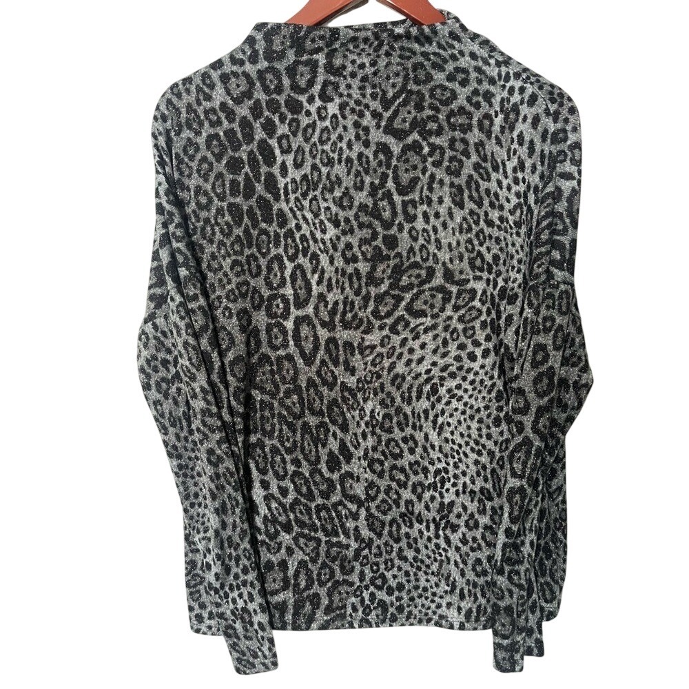 INC International Concepts Womens Leopard Print Metallic Mock Neck Top Silver L